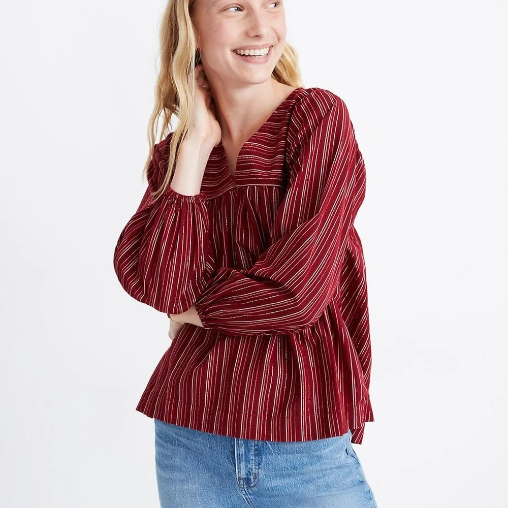 NWT Madewell Swingy Peasant Top in Metallic Stripe